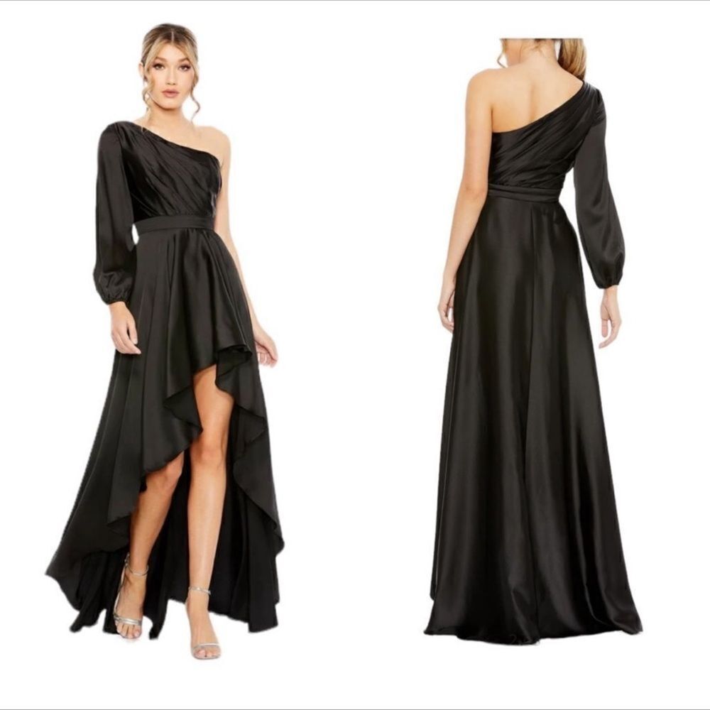 Mac Duggal 49141 Black High Low One Shoulder Gown | Size 2